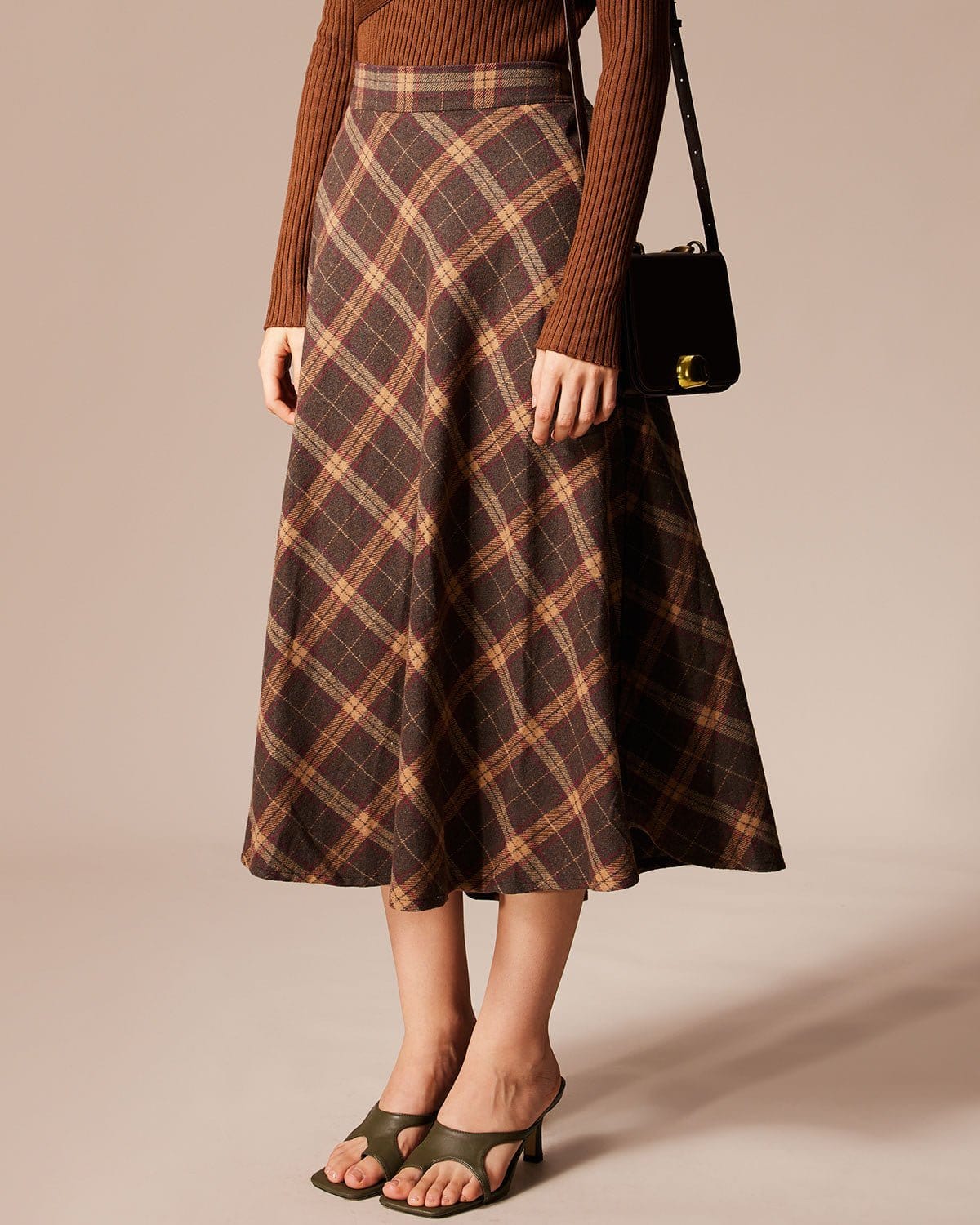 Checked A-Line Midi Skirt with Elastic High Waist