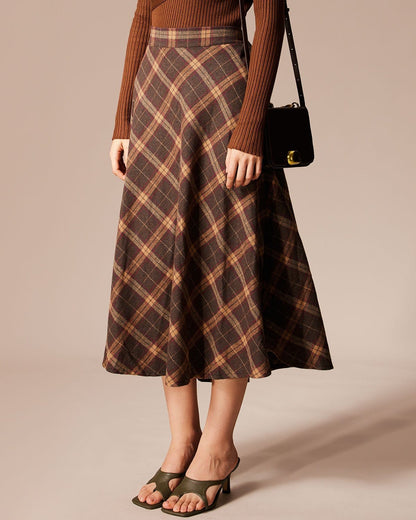 Checked A-Line Midi Skirt with Elastic High Waist