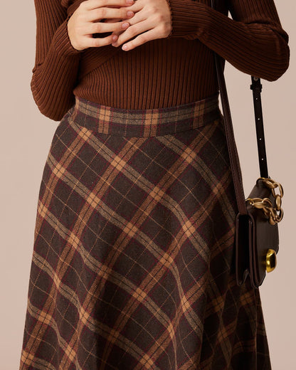 Checked A-Line Midi Skirt with Elastic High Waist
