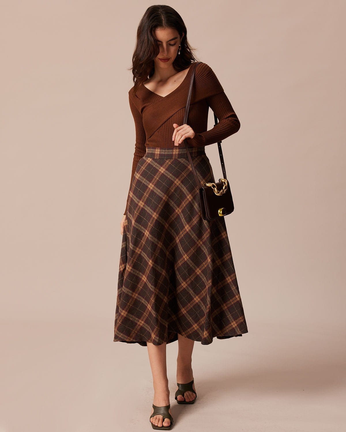 Checked A-Line Midi Skirt with Elastic High Waist