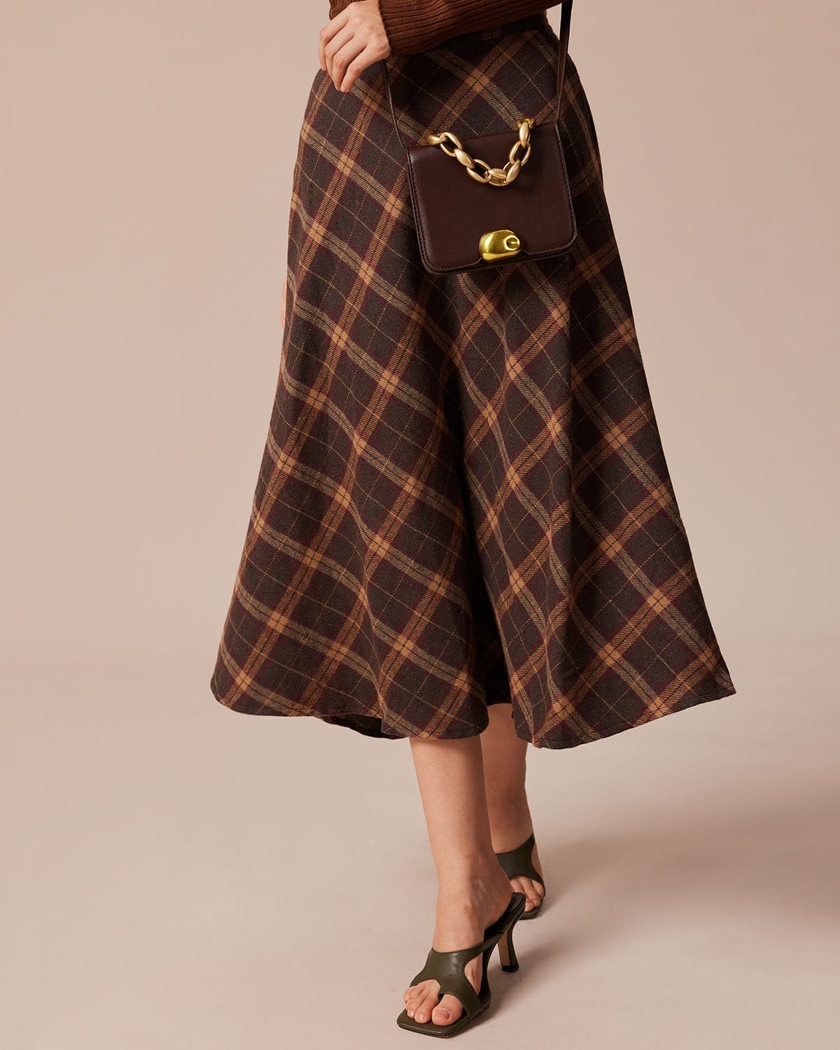 Checked A-Line Midi Skirt with Elastic High Waist — Brown