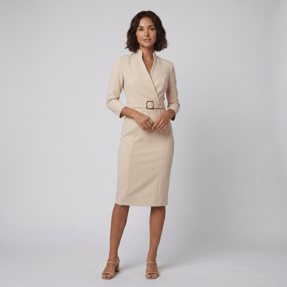 Tailored Knee-Length Dress with Adjustable Belt — Beige