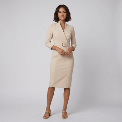 Tailored Knee-Length Dress with Adjustable Belt — Beige