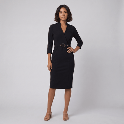Tailored Knee-Length Dress with Adjustable Belt — Black