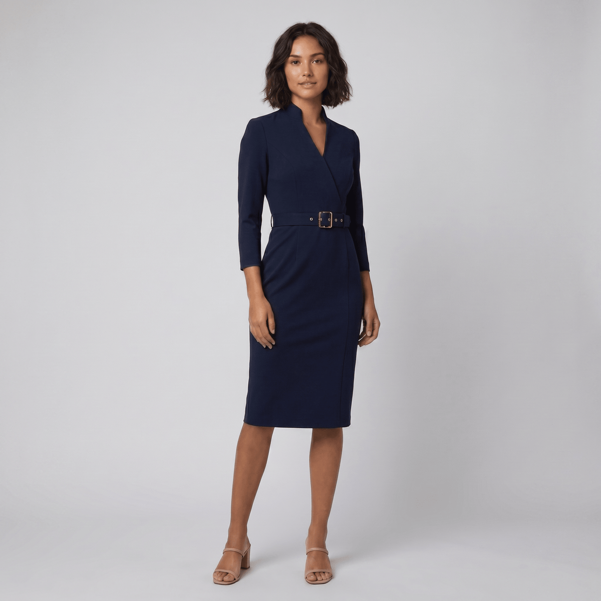 Tailored Knee-Length Dress with Adjustable Belt — Blue