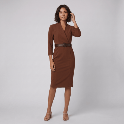 Tailored Knee-Length Dress with Adjustable Belt — Brown