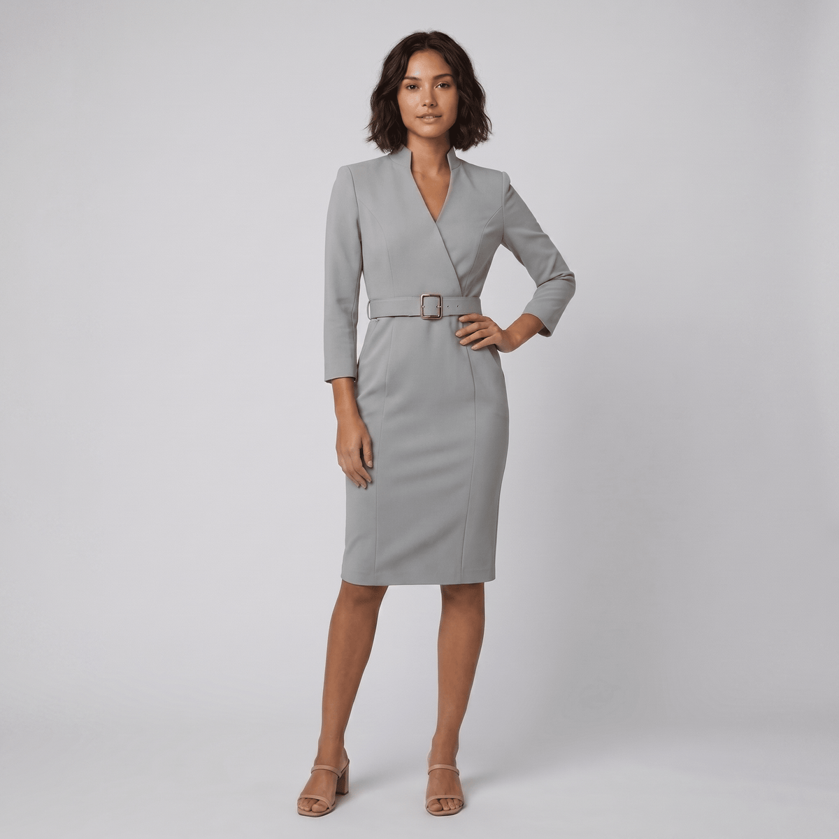 Tailored Knee-Length Dress with Adjustable Belt — Grey