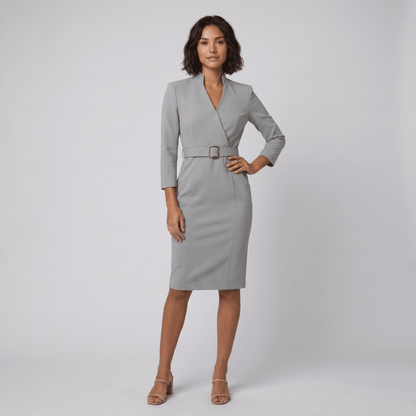 Tailored Knee-Length Dress with Adjustable Belt — Grey