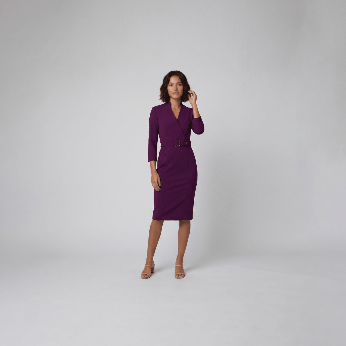 Tailored Knee-Length Dress with Adjustable Belt — Purple