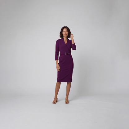 Tailored Knee-Length Dress with Adjustable Belt — Purple