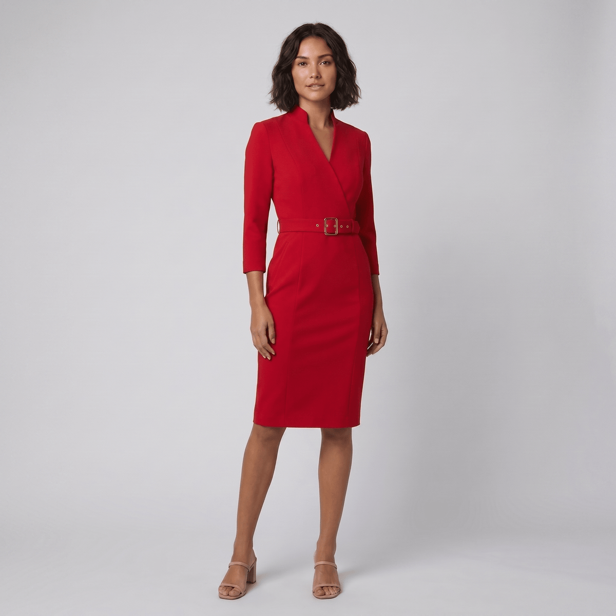 Tailored Knee-Length Dress with Adjustable Belt — Red