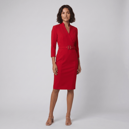 Tailored Knee-Length Dress with Adjustable Belt — Red