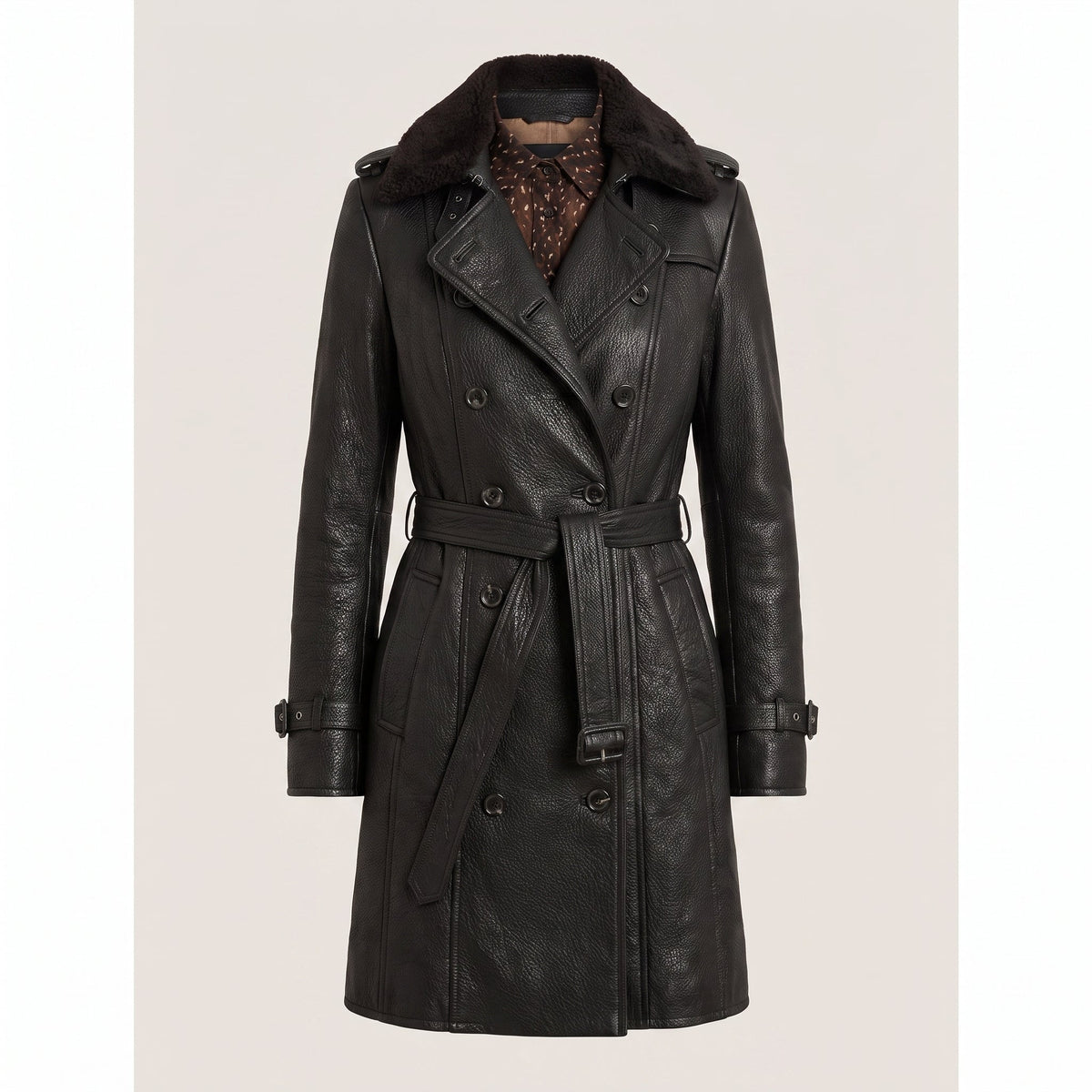 Longline Leather-Look Trench Coat with Detachable Collar