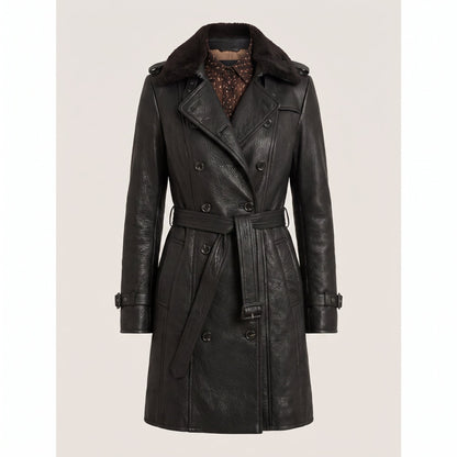 Longline Leather-Look Trench Coat with Detachable Collar