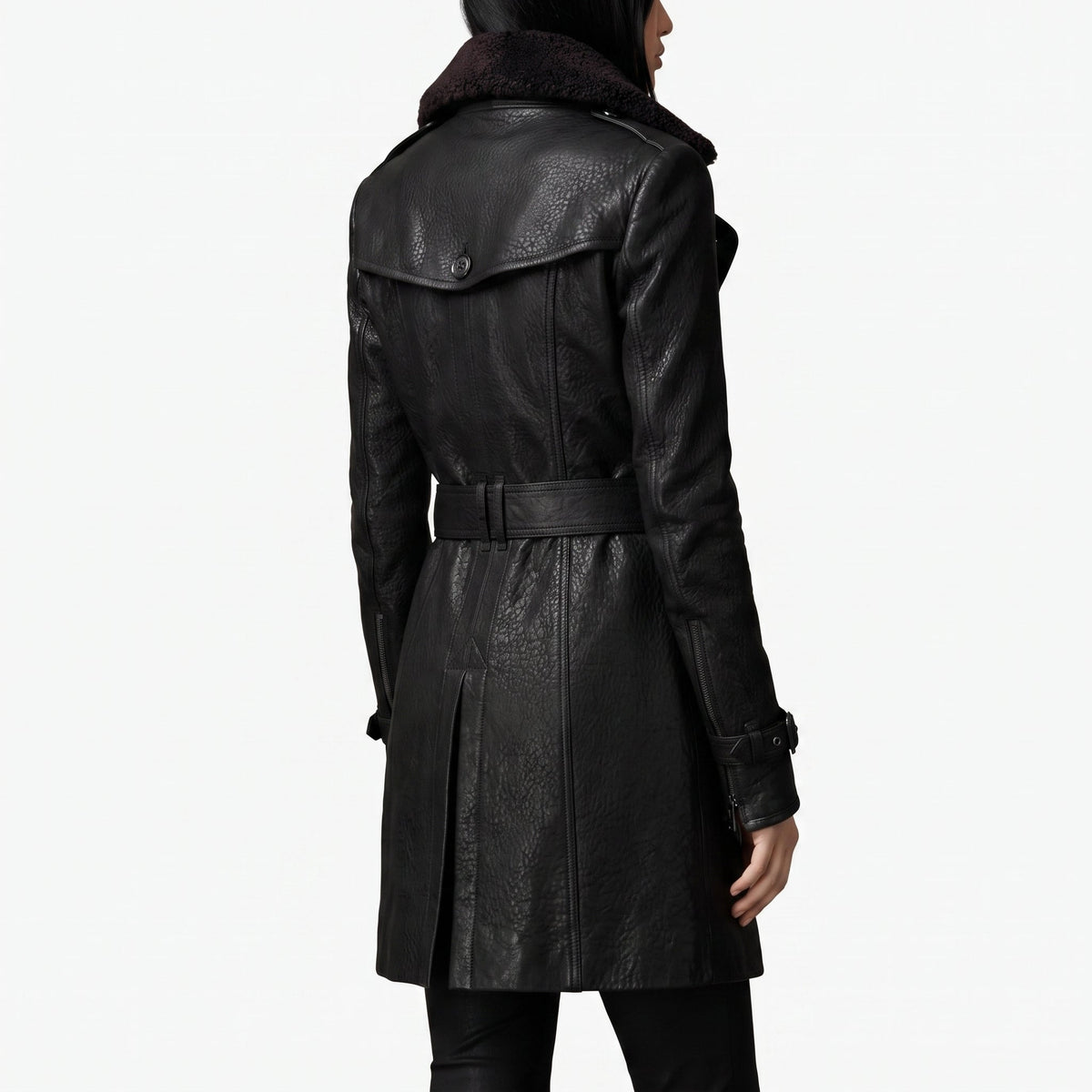 Longline Leather-Look Trench Coat with Detachable Collar