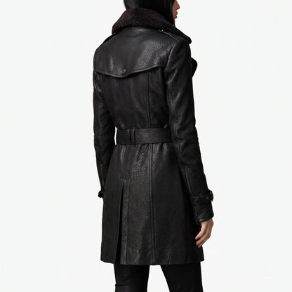 Longline Leather-Look Trench Coat with Detachable Collar