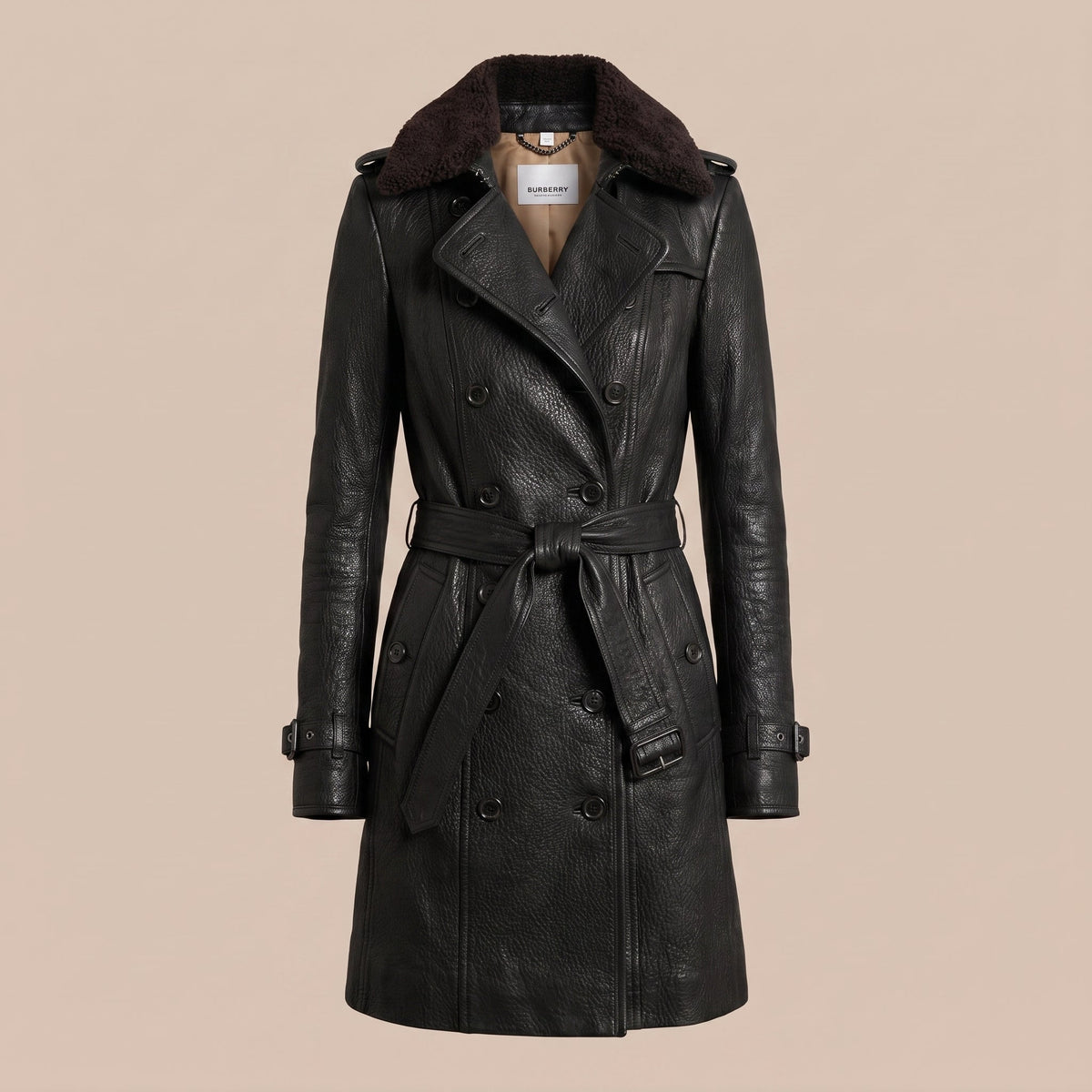 Longline Leather-Look Trench Coat with Detachable Collar
