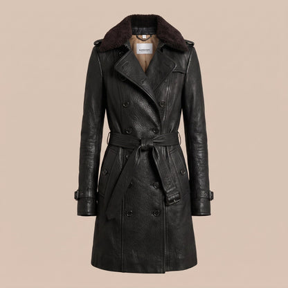 Longline Leather-Look Trench Coat with Detachable Collar