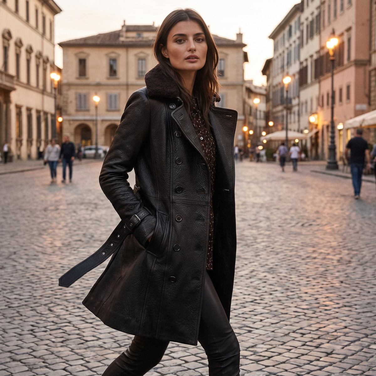 Longline Leather-Look Trench Coat with Detachable Collar