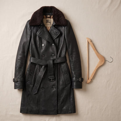 Longline Leather-Look Trench Coat with Detachable Collar