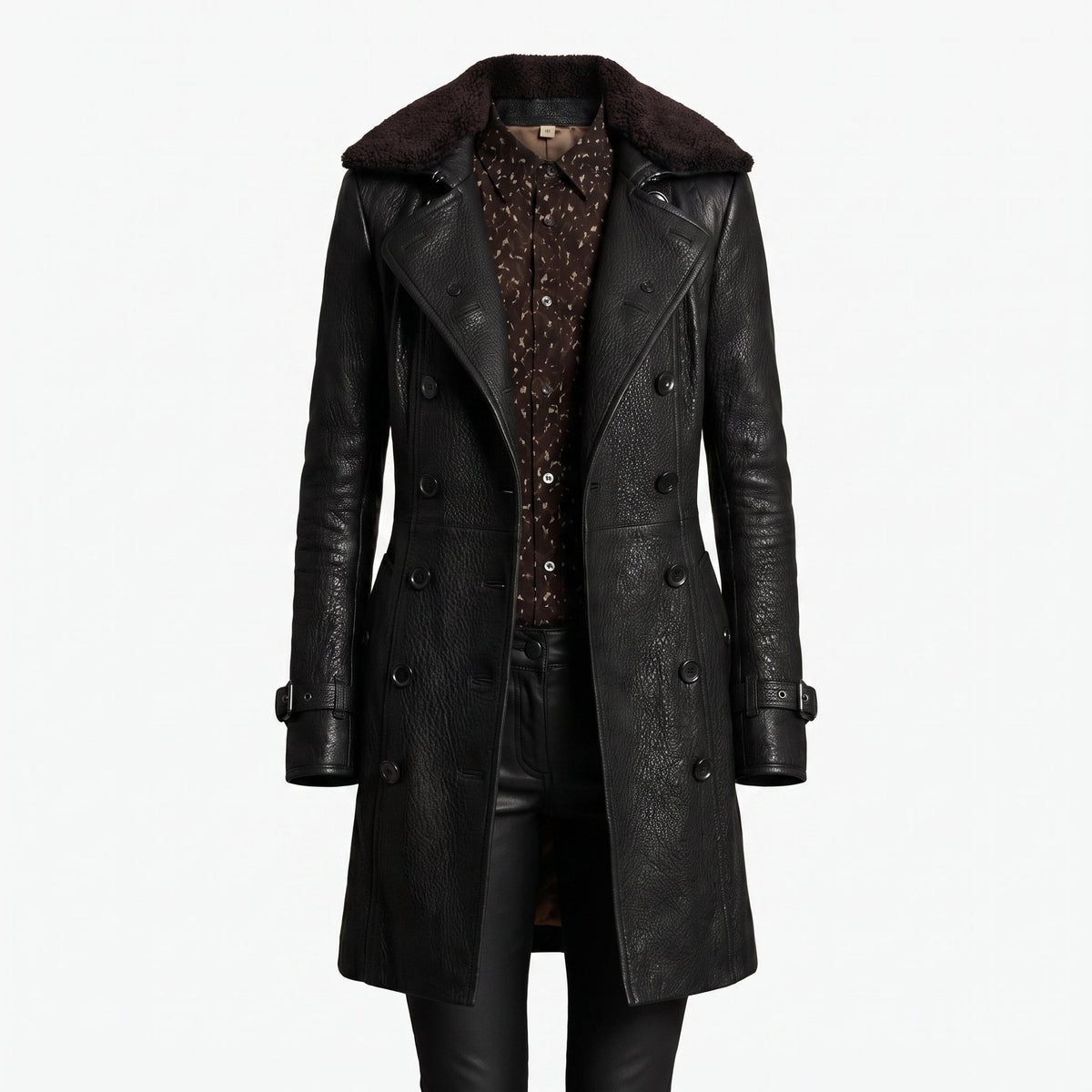 Longline Leather-Look Trench Coat with Detachable Collar