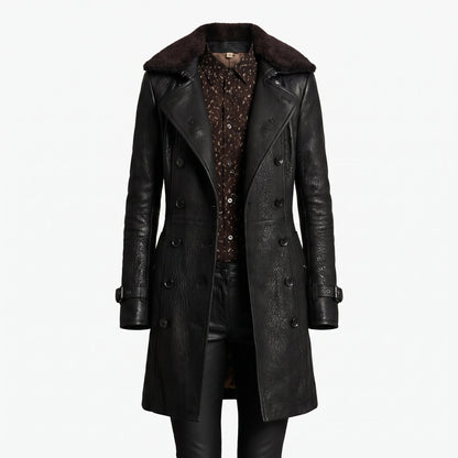 Longline Leather-Look Trench Coat with Detachable Collar