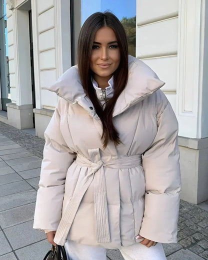 Women's Quilted Belted Funnel Collar Puffer Jacket