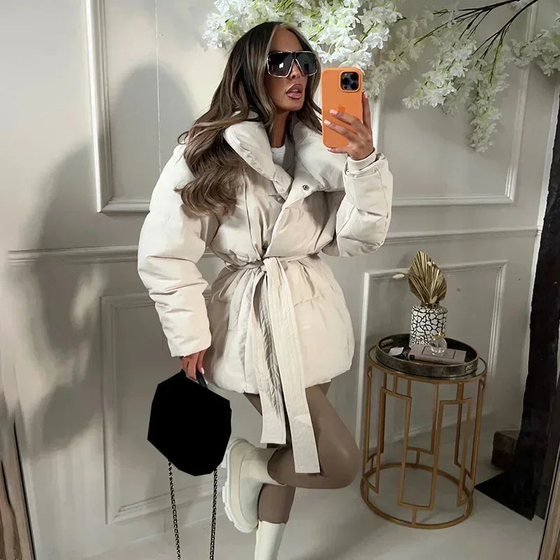 Quilted Puffer Jacket with Belted Waist and Funnel Collar — Beige