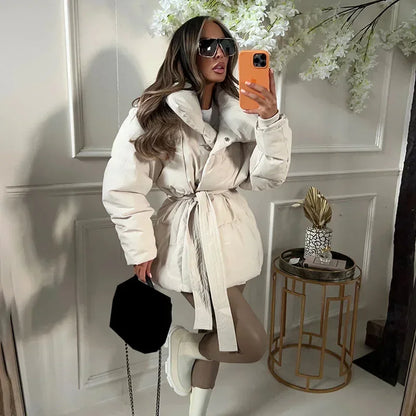 Quilted Puffer Jacket with Belted Waist and Funnel Collar — Beige