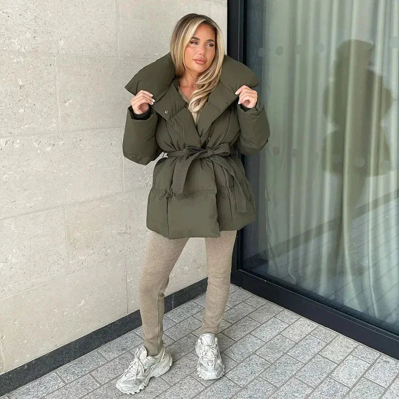 Women's Quilted Belted Funnel Collar Puffer Jacket