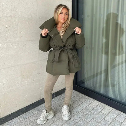 Women's Quilted Belted Funnel Collar Puffer Jacket