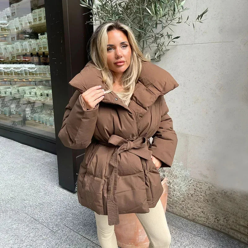 Women's Quilted Belted Funnel Collar Puffer Jacket