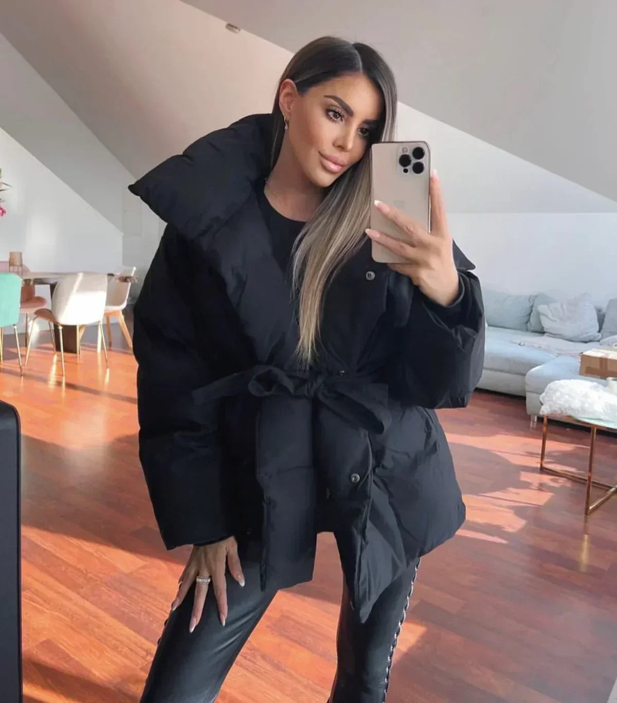 Women's Quilted Belted Funnel Collar Puffer Jacket