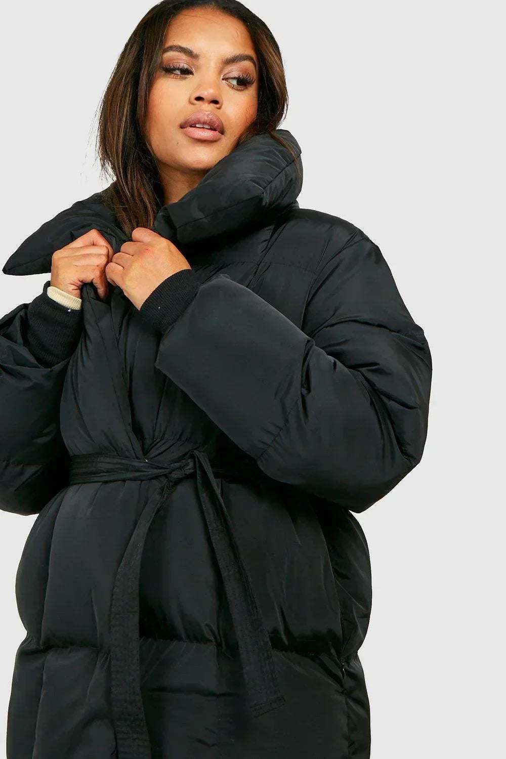 Women's Quilted Belted Funnel Collar Puffer Jacket