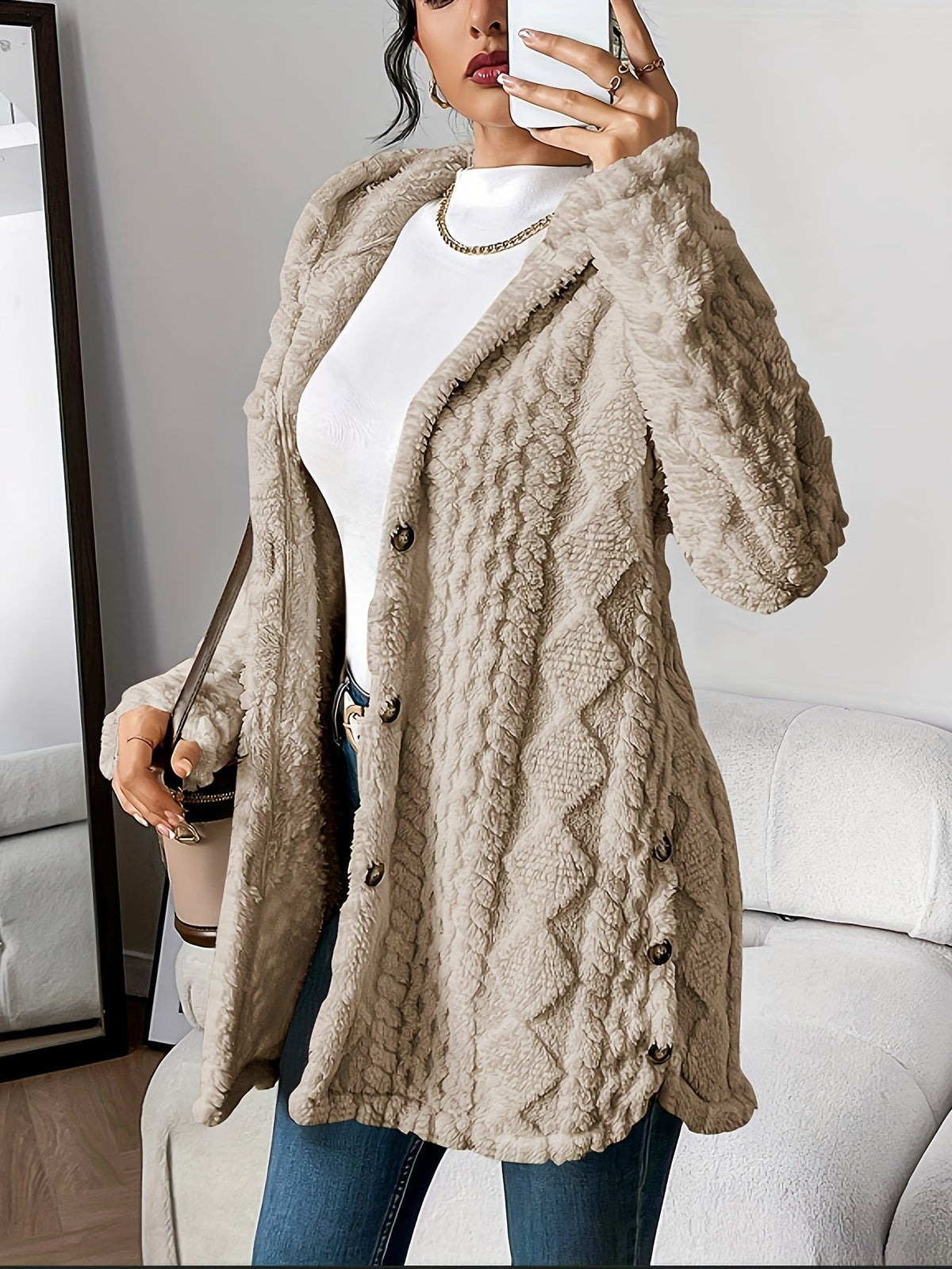 Plush Hooded Button-Front Cardigan for Everyday Comfort — Khaki