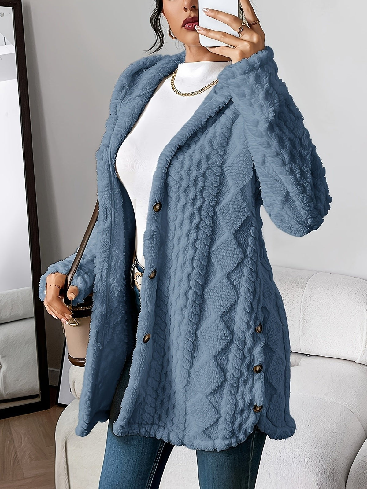 Plush Hooded Button-Front Cardigan for Everyday Comfort — Denim Blue