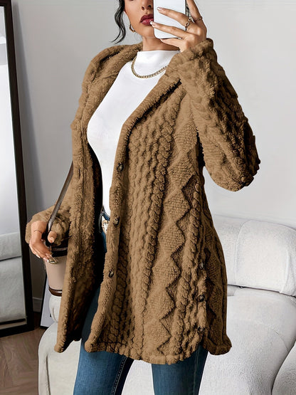 Plush Hooded Button-Front Cardigan for Everyday Comfort — Brown