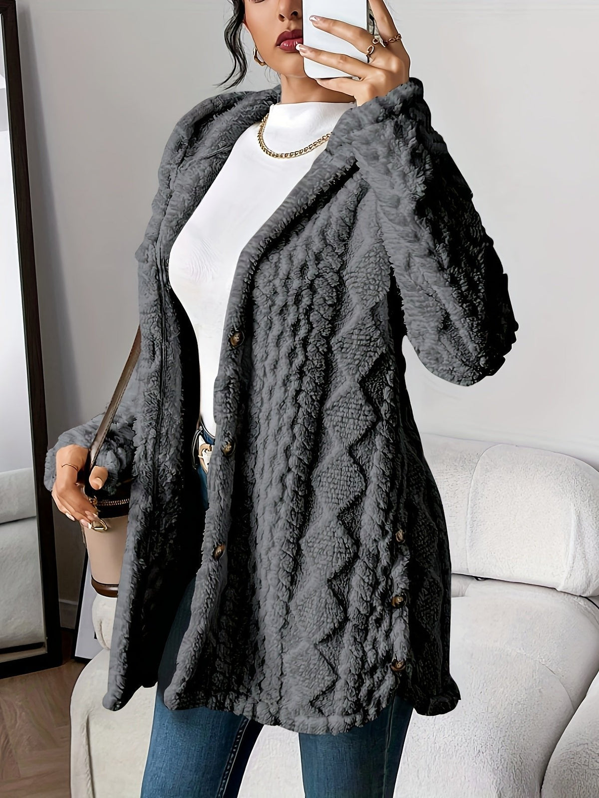 Plush Hooded Button-Front Cardigan for Everyday Comfort — Gray