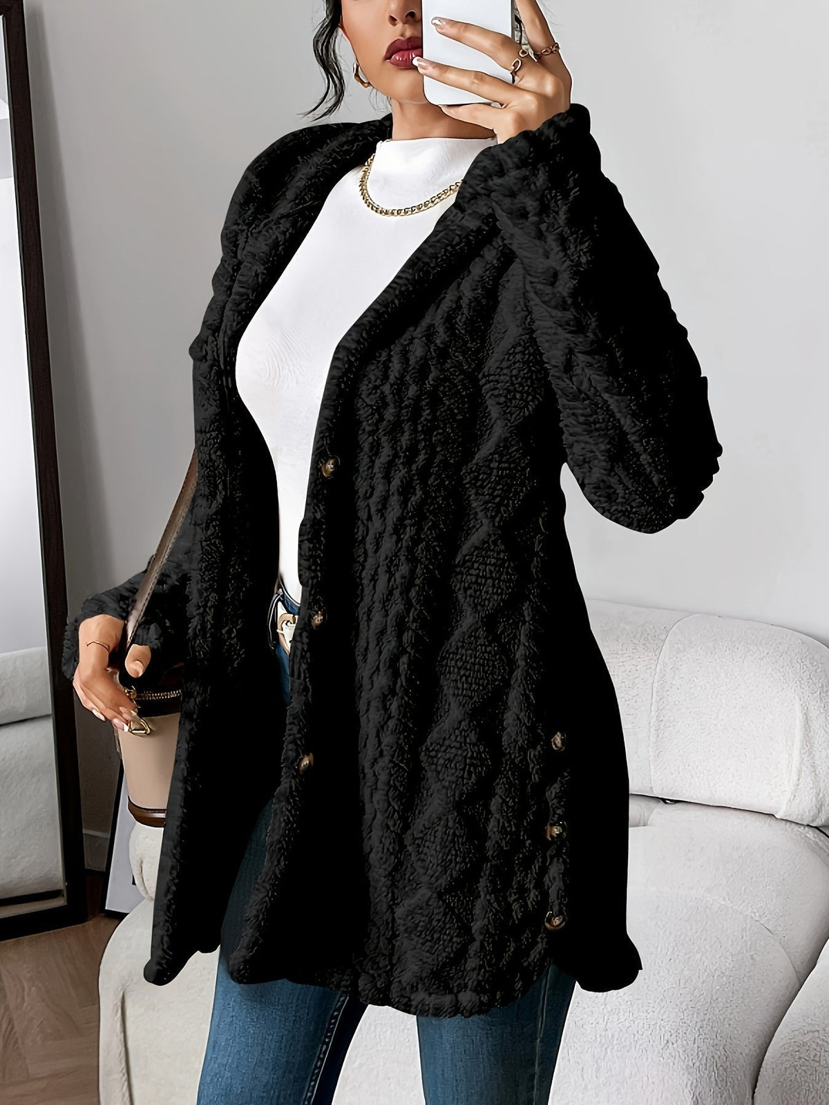 Plush Hooded Button-Front Cardigan for Everyday Comfort — Black