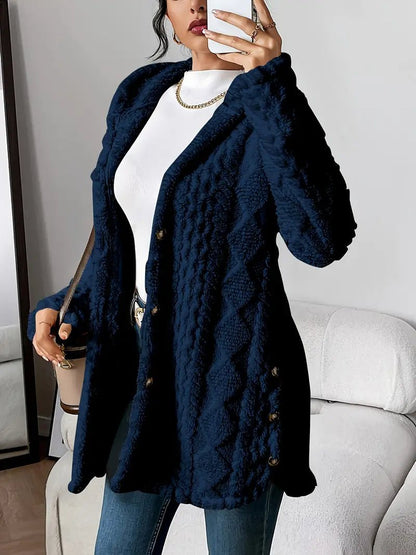 Plush Hooded Button-Front Cardigan for Everyday Comfort — Navy Blue