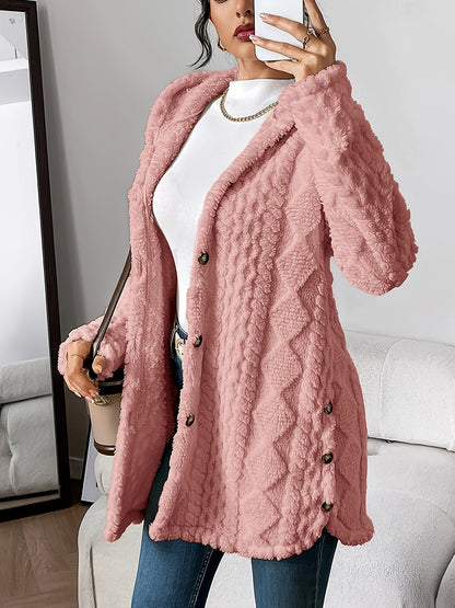 Plush Hooded Button-Front Cardigan for Everyday Comfort — Pink