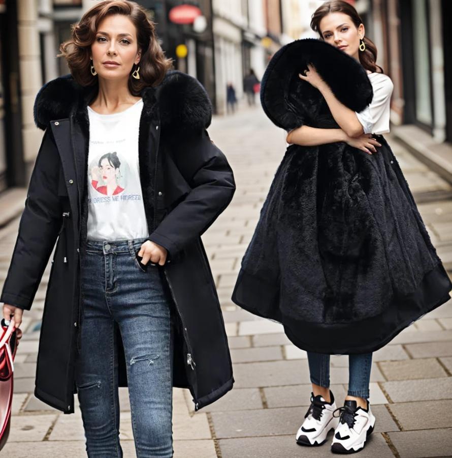 Women's Fur-Trim Hooded Winter Coat — Black