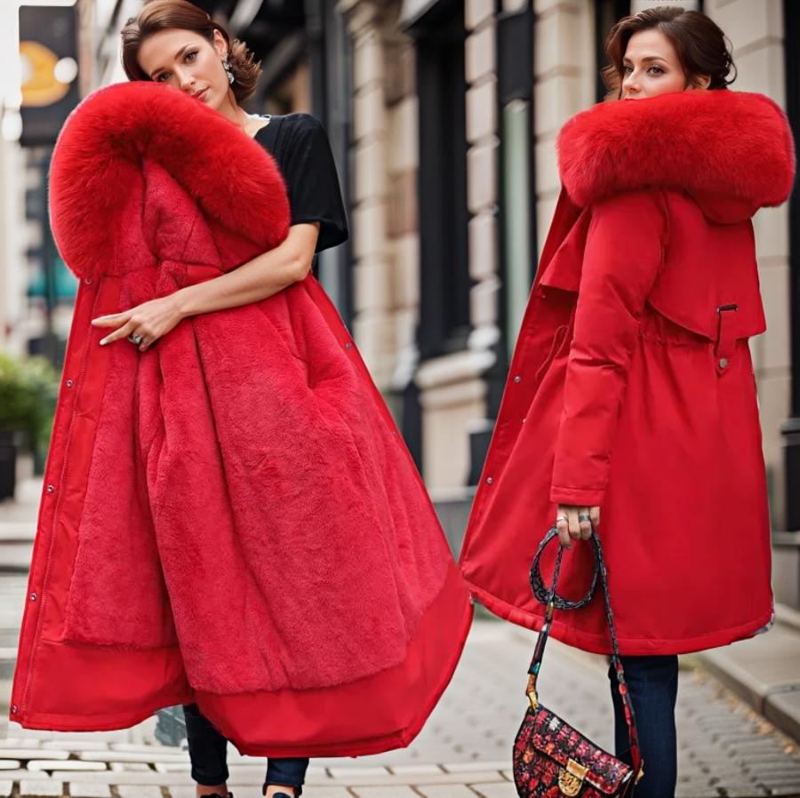 Women's Fur-Trim Hooded Winter Coat — Red